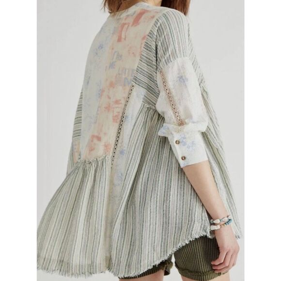 Free People Charlie Mixed Print Lace Inset Cute Vintage Tunic Top size m - Picture 11 of 11